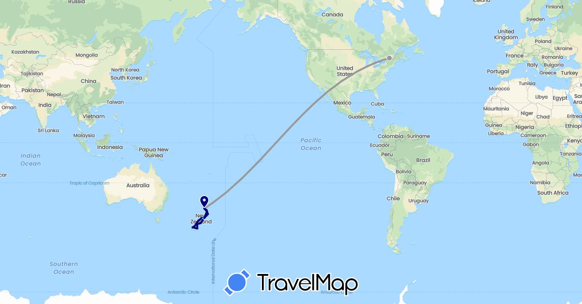 TravelMap itinerary: driving, plane, boat in Canada, New Zealand (North America, Oceania)